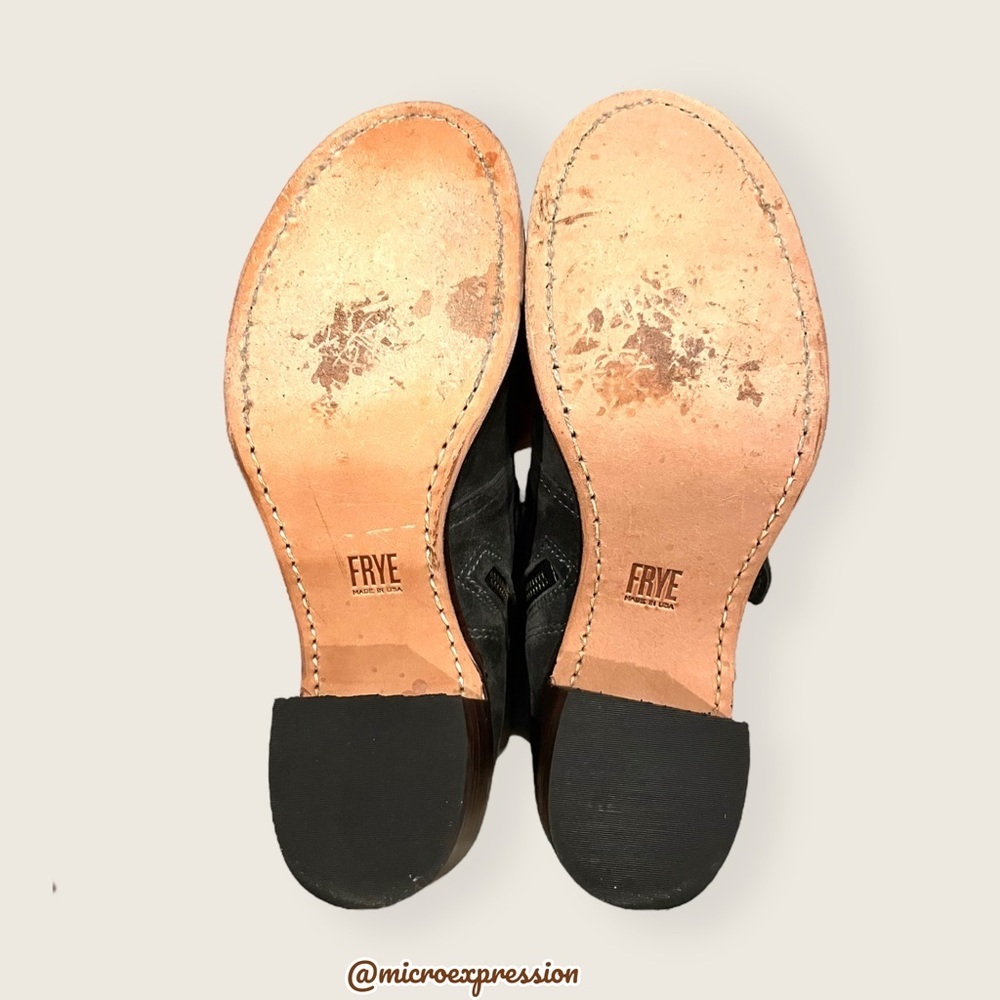 $399 Frye Sabrina Double Buckle Academia Grey Suede Leather Block Heel AnkleBoot - Picture 14 of 16